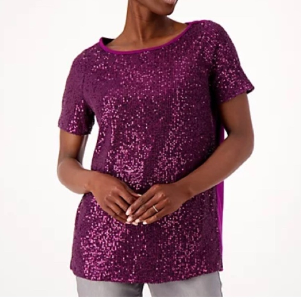 NEW - “As Is" Belle by Kim Gravel Sequin Front Knit Back Top. A610387. Medium.